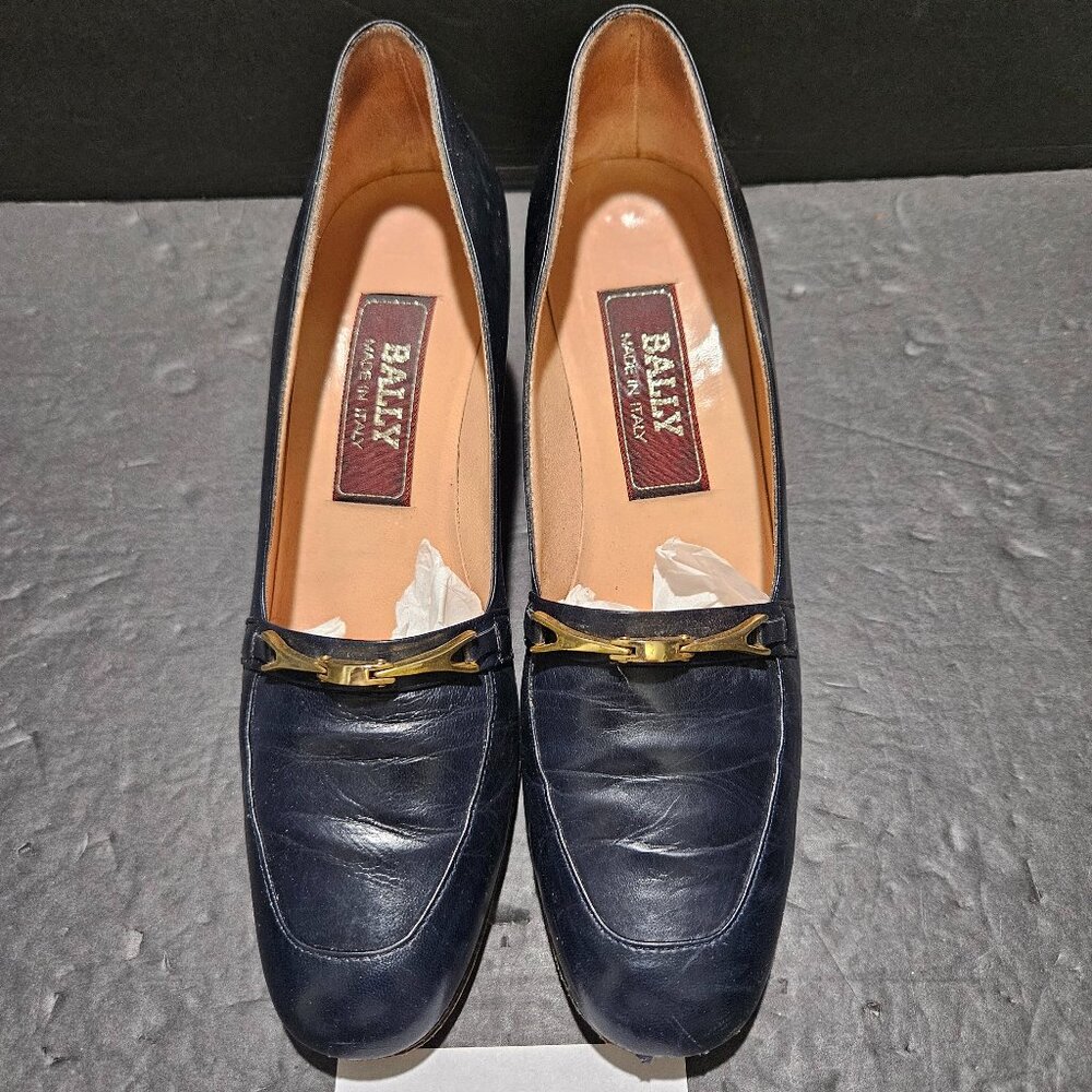 BALLY WOMEN'S NAVY COLOR PUMPS, GOLD "BUCKLE", SIZE 7